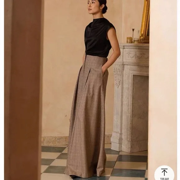 High Waist Plaid Wide Leg Pants Size M Brown Beige Vintage style